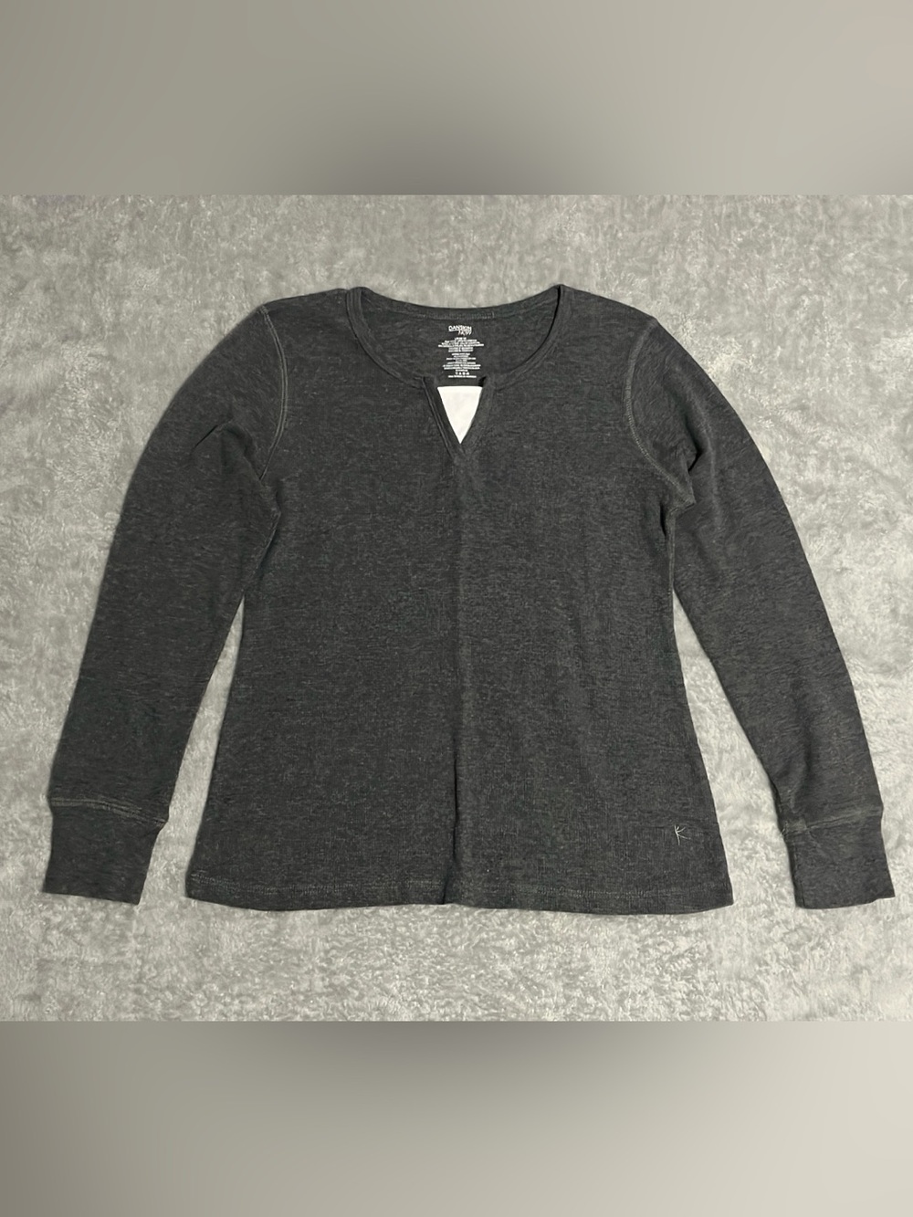 Danskin Now Large Charcoal Gray Thermal Waffle Knit Notch V-Neck Long Sleeve Top